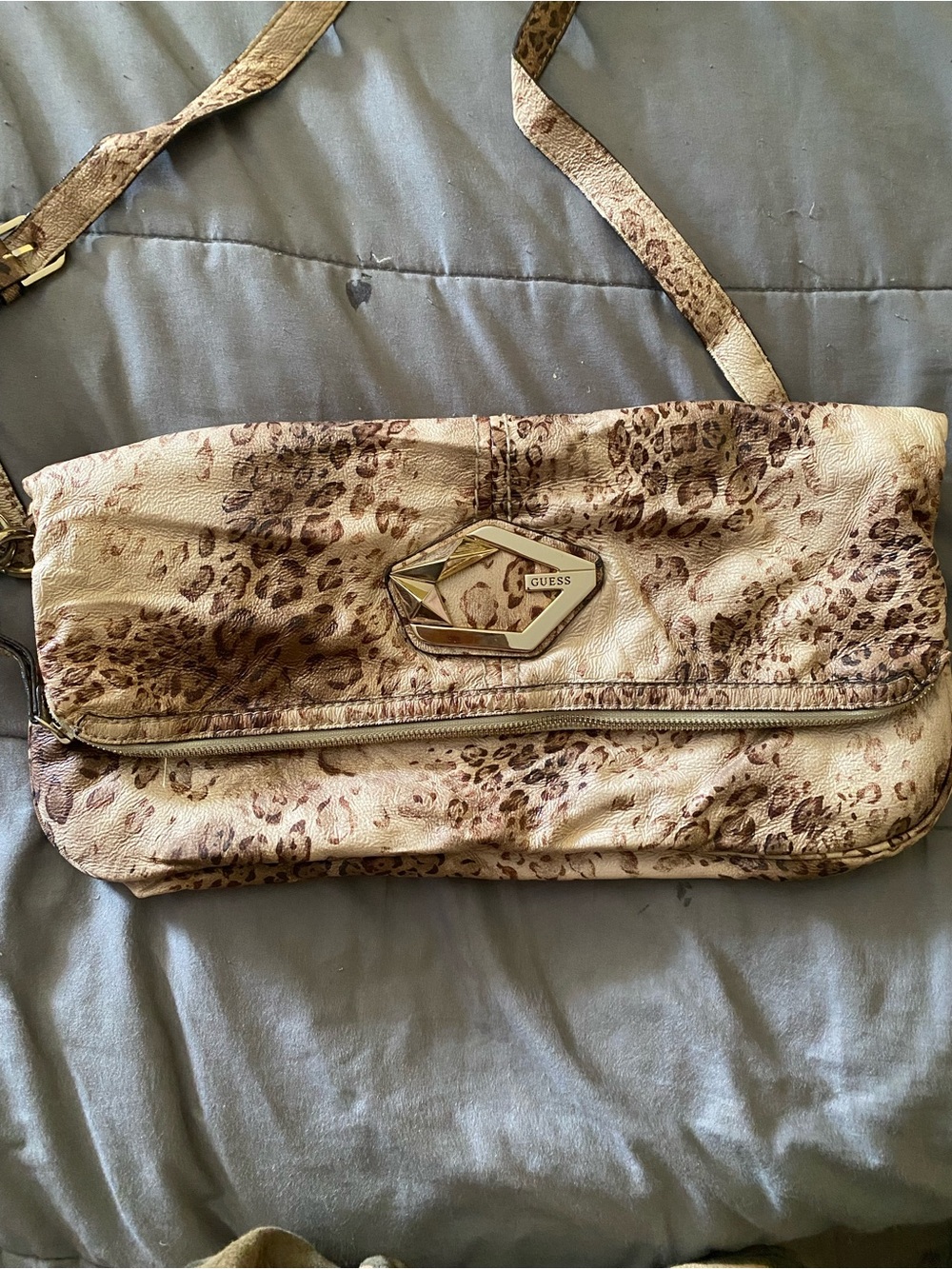 GUESS Beige and Brown Leopard Print Crossbody Bag with Gold Hardware